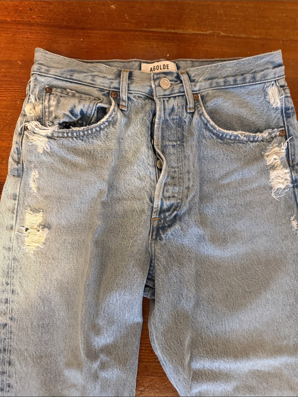 Agolde 90s Crop in Suspend Blue Organic Cotton Distressed Straight Jeans Size 25 - Picture 3 of 6